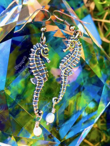 Vintage Seahorse Silver Tone Drop Faux Pearl Sea Horses Pierced Earrings