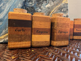 Vintage Hand Crafted Layered Multi Wood Spice Herb Jars Set of 5 Garlic Basil