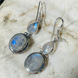 Vintage Sterling Silver 925 Moonstone Gem Dangle Drop Pierce Hinge Earrings 8.5g