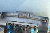 Antique Grey Kingsburg N.Y. Signed Handmade Blue + Purple Bead Brass Brooch Pin