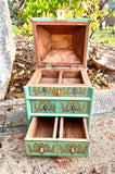 Antique Green Blue Painted Wood Drawer Storage Container Treasure Box