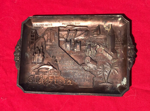 Vintage California Souvenir Metal Copper Engraved Plate made in Japan