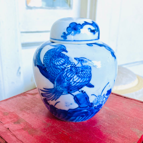 Chinese Signed Antique Porcelain Blue White Bird Floral Urn Jar Container w Lid