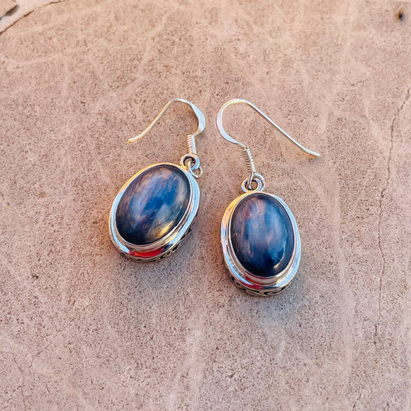Sterling Silver 925 Blue Fluorite Gem Stone Bali Oval Dangle Drop Earrings 6.9g