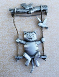 Vintage Signed JJ Jonette Happy Cat On Swing Brooch Pin
