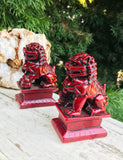 Vintage Japanese Carved Red Foo Dog Mythical Creature Fengshui Figurine Set of 2