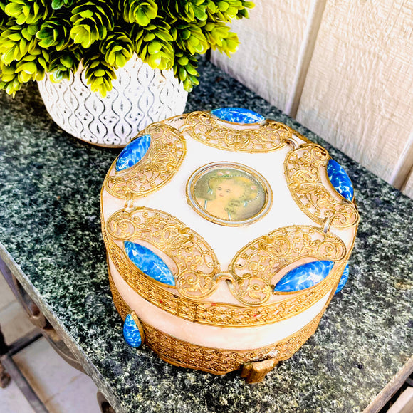 Antique Ornate Brass Victorian Rose Alabaster & Blue Stone Trinket Box Germany