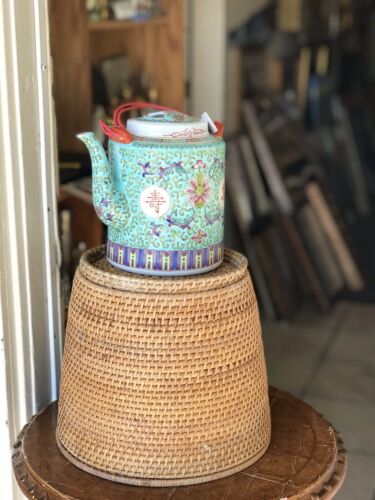 Vintage Chinese Painted Porcelain Aqua Lotus Tea Set Basket Teapot Cup Caddy