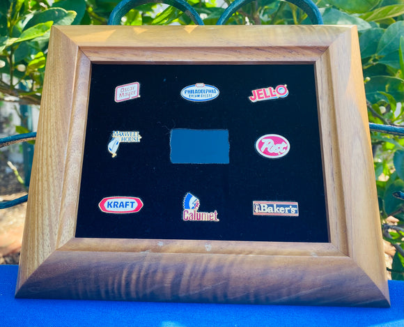Vintage Kraft Foods Jell-o Oscar Meyer Post Lot of 8 Pins in Wood Picture Frame