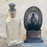 Antique Silver Holy Water Glass Bottle Holder Religious Virgin Mary 2 Pc Set