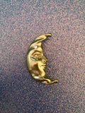 Vintage Crescent Moon Gold Tone Face Designer Signed Brooch Pin