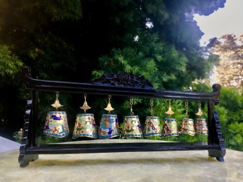 Vntge. Chinese Cloisonne Enamel Graduated Bells Suspended From Carved Wood Stand