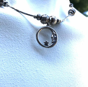 Vintage Sterling Silver 925 Moon Celestial Star Bead Choker Necklace