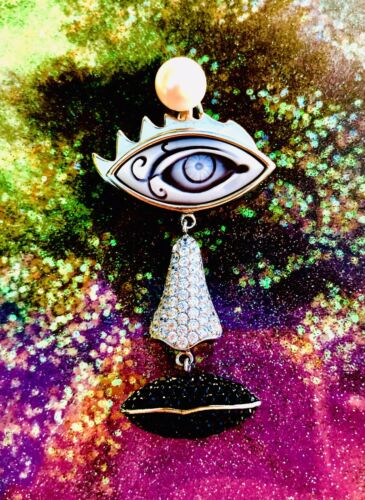 Rare Signed Diluca Sterling Silver 925 Carved Shell Eye Face CZ Pendant
