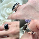 Vintage Designer ELLE Sterling Silver 925 Faceted Black Stone & Ruby Ring 5.5