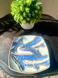 Signed B Artist Antique Ceramic Glazed Pottery Blue Fish Plate Dish Art Decor