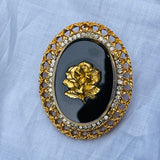 Vintage Ornate Black Gold Tone Rose Rhinestone Large Cameo Pendant Brooch Pin