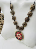 Vintage Artisan Metal Gold Tone Red Mandala Bead Necklace