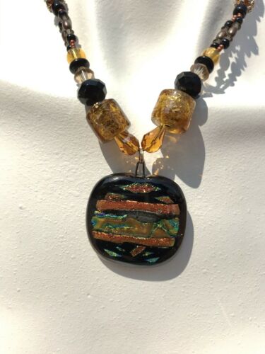 Beautiful Orange Black Gold Blue Foil Glass Art Bead Stone Statement Necklace