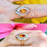 NOS 18K GE Gold Plated Marquise Orange Topaz & Round CZ Stones Eye Ring Size 7