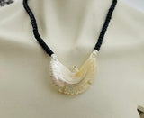 Vintage Hand Carved Mother of Pearl Eagle Bird Black Beaded Necklace