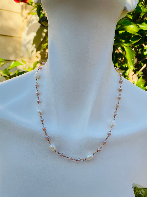 14K Yellow Gold Pink + White Pearl Artisan Hand Made 14kt Necklace 10.5g