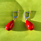 Sterling Silver 925 Red Teardrop Dangle Pierced Earrings