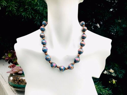 Murano Blue Multi Color Venetian Art Glass Aventurine Italian Bead Necklace