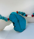 Chunky Turquoise Tone Artisan Shell Bead Red & White Beaded Fashion Necklace