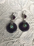 Antique French Ornate Silver + Gold Tone Amethyst Turquoise Pierced Earrings