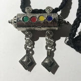 Rainbow Colored Sequence Silvertone Cylinder Necklace With Rope Wrap