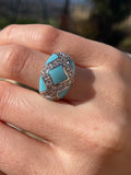 Signed Sterling Silver 925 Turquoise Rhinestone Geometric Ring 9.2g Size 6-6.25