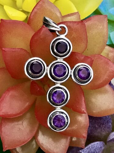 Antique Vintage Natural Amethyst Faceted Stone Sterling Silver 925 Cross Pendant