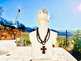 Brown Tigers Eye Stone Beaded Rhinestone 3 Row Religious Cross Fashion Necklace