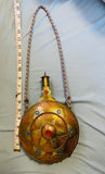 Antique Brass Copper Metal Etched Ornate Bejeweled Canteen Vessel With Strap