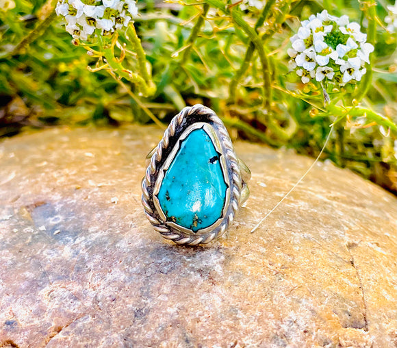 Vintage Sterling Silver 925 Turquoise Stone Tear Drop Ring 6.7 Grams Size 4.5