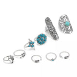 Bohemian Retro Women Fashion Turquoise Band Silver Plated Finger Knuckle Rings 9 Pcs/Set