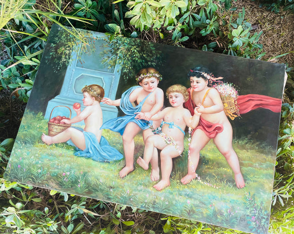 Vintage Original Cherub Angel Children Playing Garden Oil Painting On Canvas Art