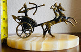 Antique Brass Honey Onyx Stone Egyptian Warrior Horse Chariot Art Sculpture