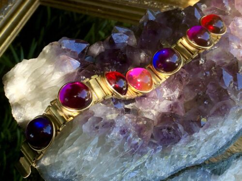 Rare Vintage Colorful Red Pink + Purple Lucite Goldtone Link Bracelet