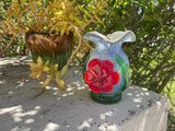 Floral Glass Art Vintage Artisan Ornate Red Green Blue Flower Petite Vase Decor