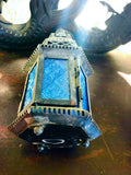 Hanging Lantern Moroccan Metal with Blue Embossed Glass Home & Garden Decor