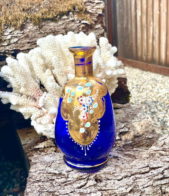 Vintage Bohemian Czech Cobalt Blue Gold Gilded Painted Enamel Flower Vase