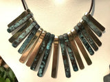 Vintage Tribal Hand Painted Mixed Metals Blue + Gold Tone Statement Necklace