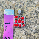 Sterling Silver 925 Red Coral Stone Abstract Geometric Modernist Pendant 4.3g