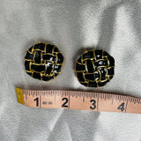 Vintage Gold Tone Black Enamel Cross Hatch Basket Weave Fashion Pierced Earrings