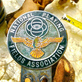 National Playing Fields Association Green Enamel Seeing Eye Bird Car Badge