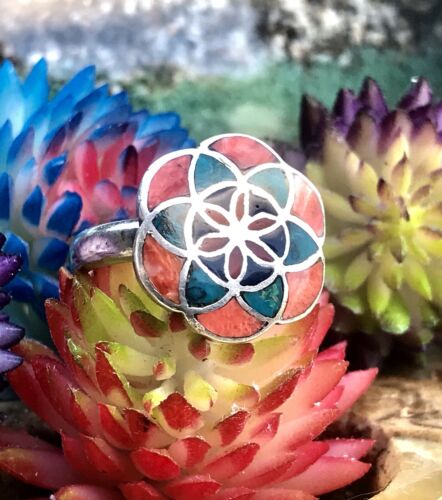 Vintage Flower of Life Sterling Silver 950 Turquoise Coral Lapis Adjustable Ring