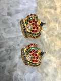 KJL Kenneth J Lane Crown Vintage Faux Ruby Emerald Sapphire Rhinestones Earrings