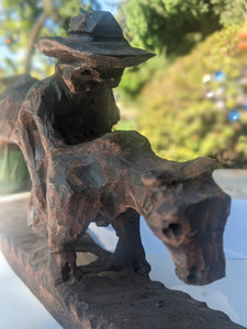 Artisan Wood Carved Bull Rider Folk Art Man Carving Signed by Billy V Ackerman
